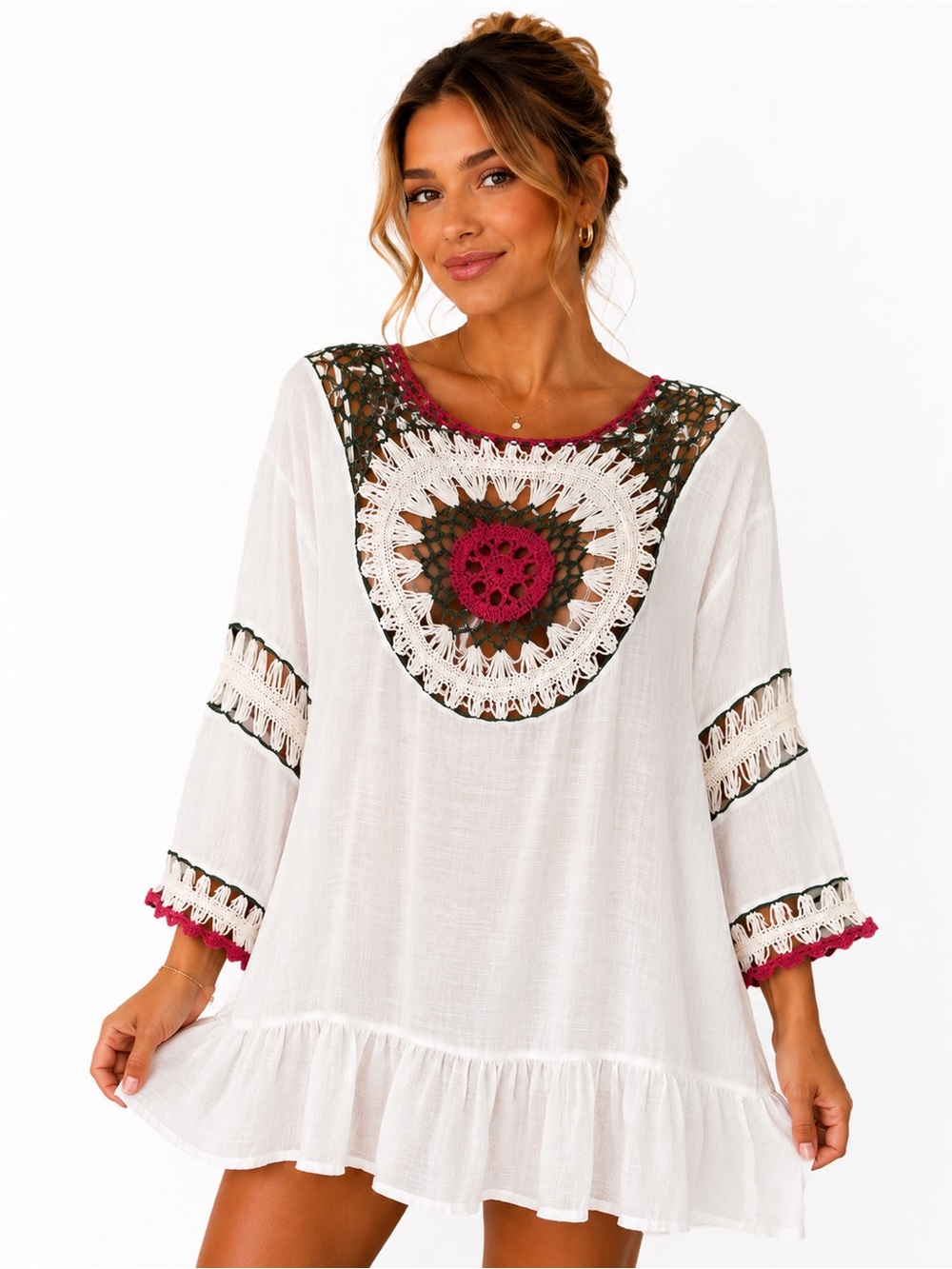 White Crochet-Trim Boho Women’s Tunic with Pink & Green Accents